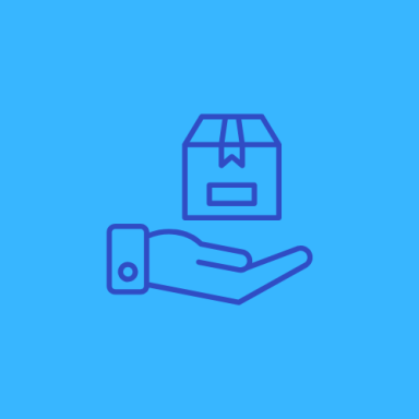 Line drawing of a hand holding a rectangular package on a blue background.